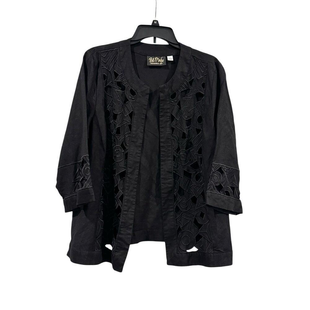 Bob Mackie Blazer Womens LG Black Geometric Embroidered Wearable Art Linen Blend